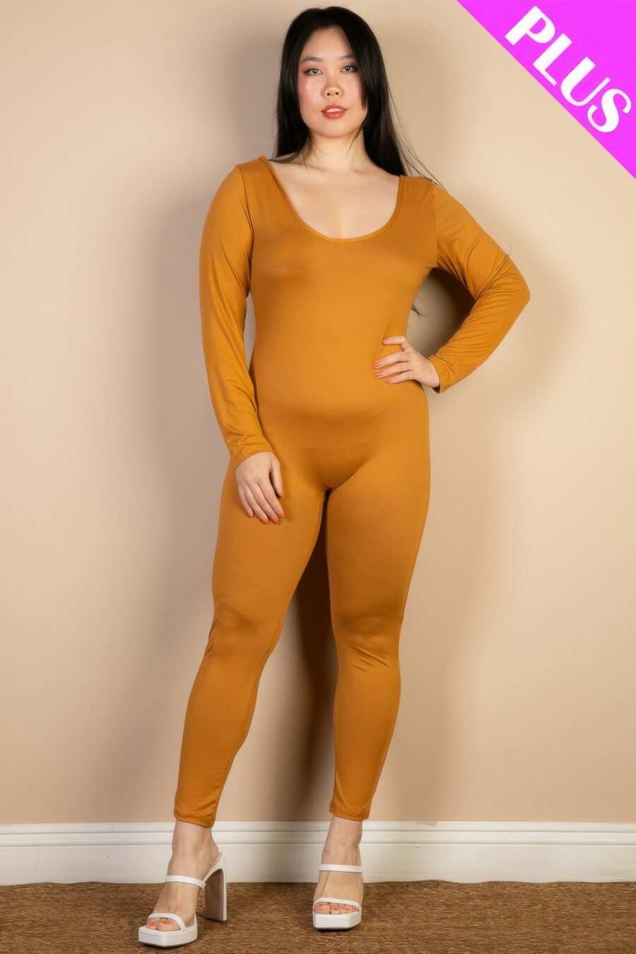 Plus size scoop neck long sleeve bodycon jumpsuit