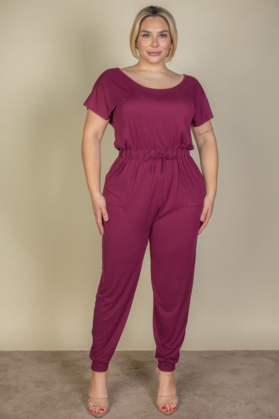 Plus size solid drawstring short sleeve jumpsuit