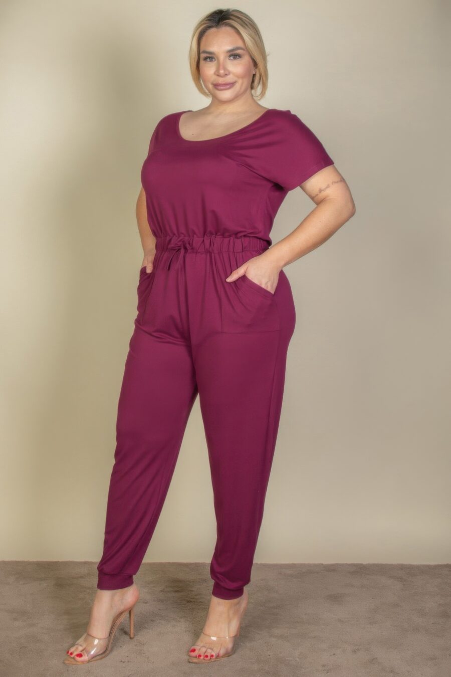 Plus size solid drawstring short sleeve jumpsuit