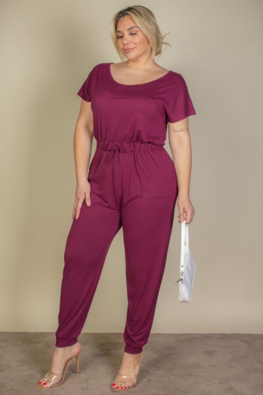 Plus size solid drawstring short sleeve jumpsuit