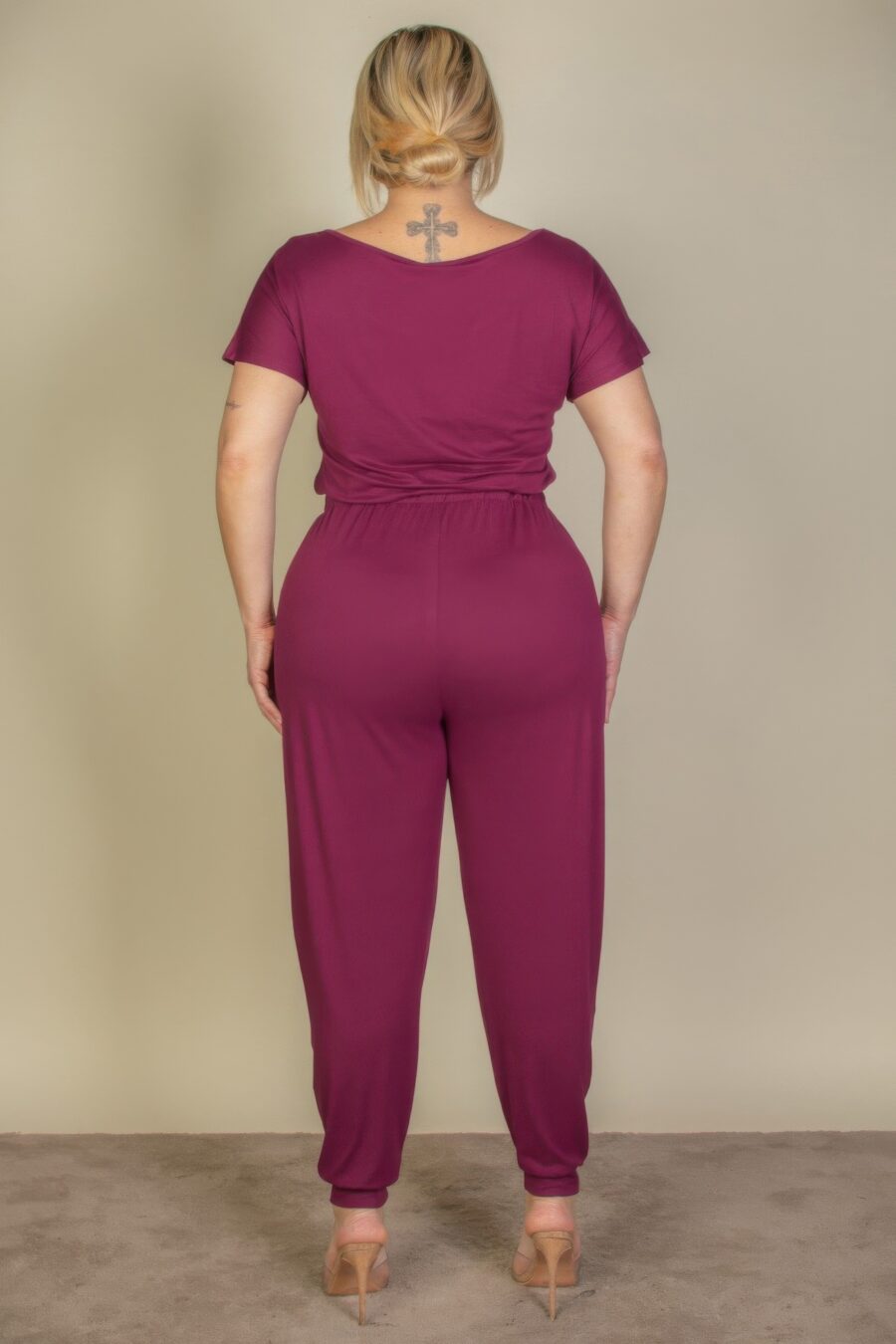 Plus size solid drawstring short sleeve jumpsuit