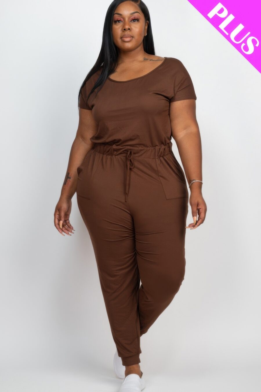 Plus size solid drawstring short sleeve jumpsuit