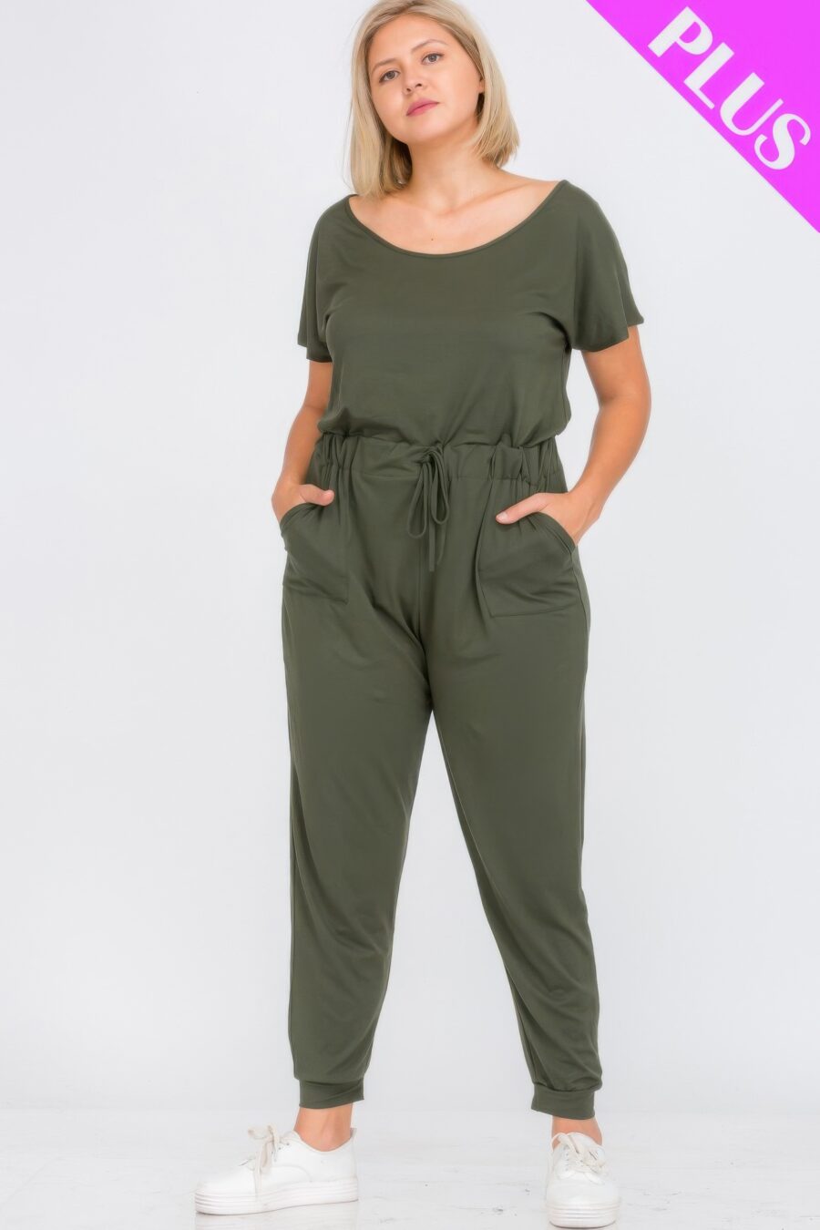 Plus size solid drawstring short sleeve jumpsuit