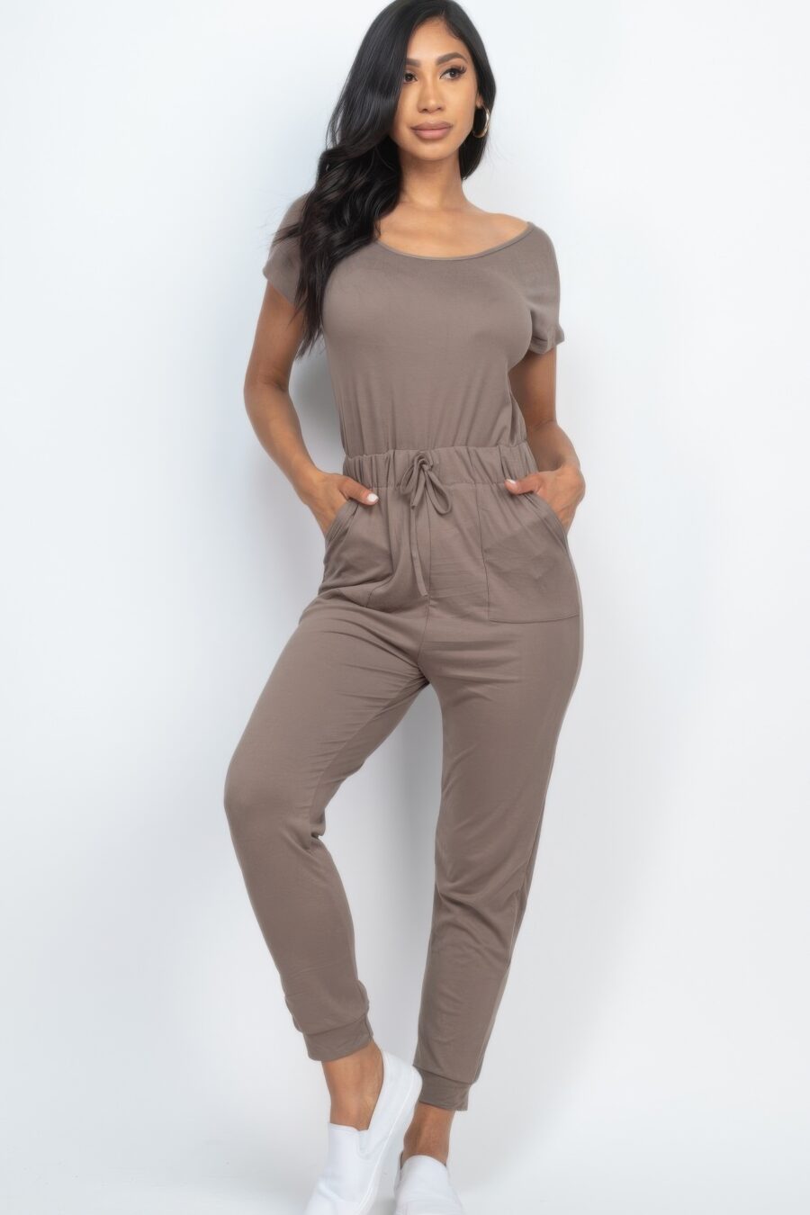 Two-way shoulder drawstring jumpsuit