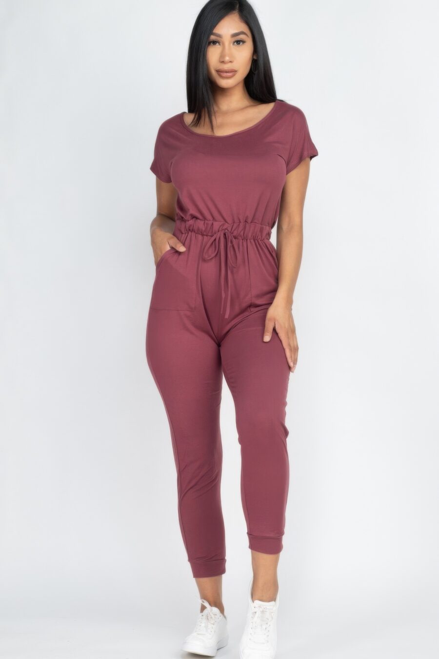 Two-way shoulder drawstring jumpsuit