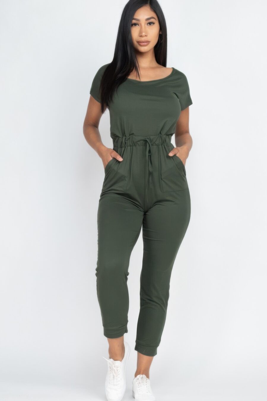 Two-way shoulder drawstring jumpsuit