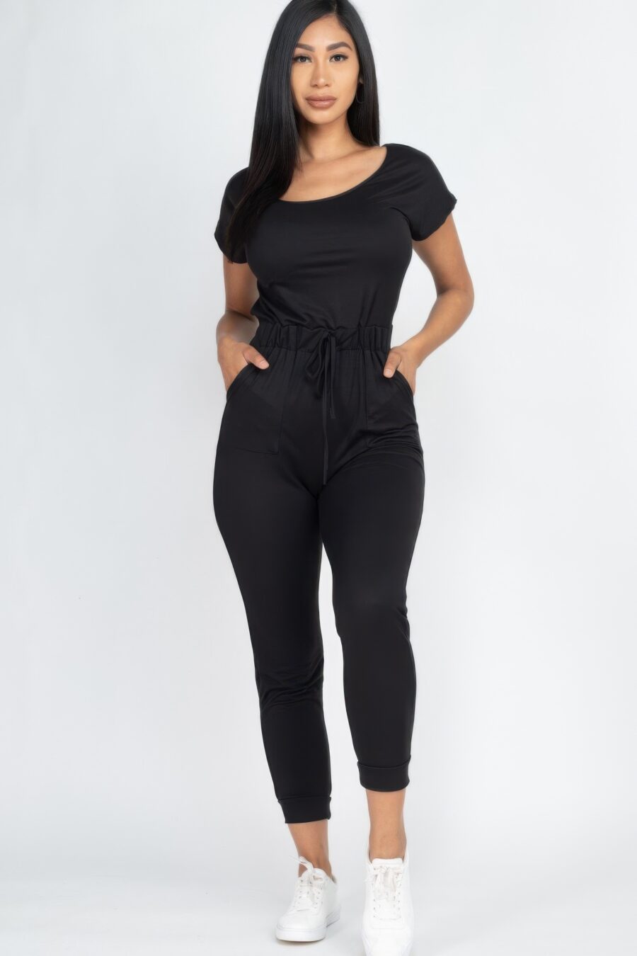 Two-way shoulder drawstring jumpsuit