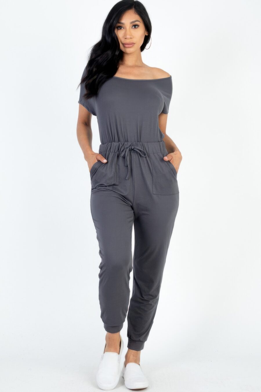 Two-way shoulder drawstring jumpsuit