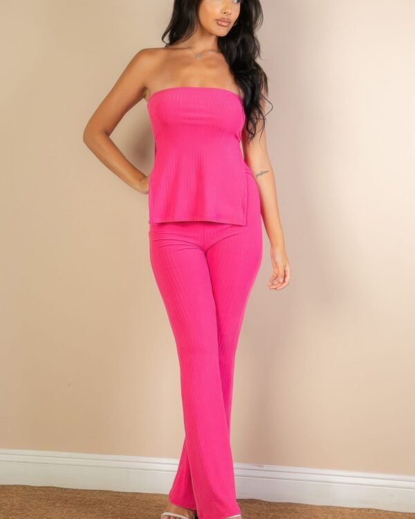 Ribbed Side Slit Bandeau Top & Flare Pants Set