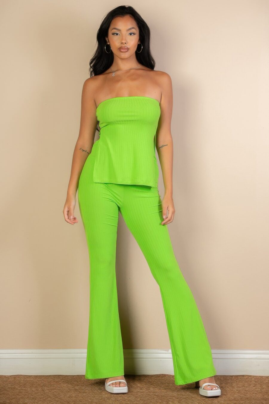 Ribbed side slit bandeau top & flare pants set