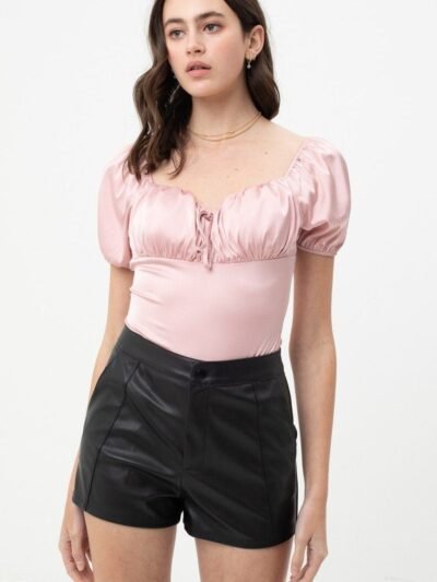 Satin Bodysuit With Front Neck Tie And Scooped Neck