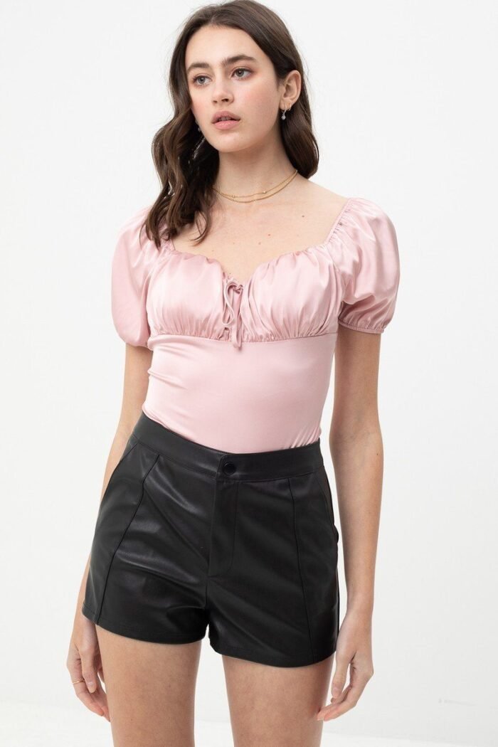 Satin bodysuit with front neck tie and scooped neck