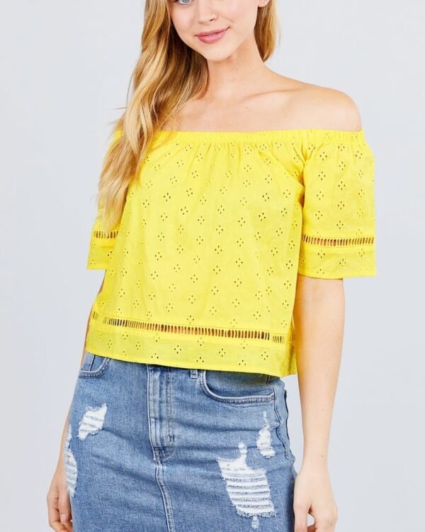 Elbow Sleeve Off The Shoulder Lace Trim Eyelet Detail Woven Top