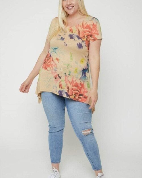 multi-colored watercolor flower print tunic