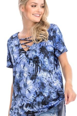 Tie Dye Print Short Sleeve Top Tie Dye Print Short Sleeve Top – Fuchsia, Cage Neckline, Open Back, Made in USA
