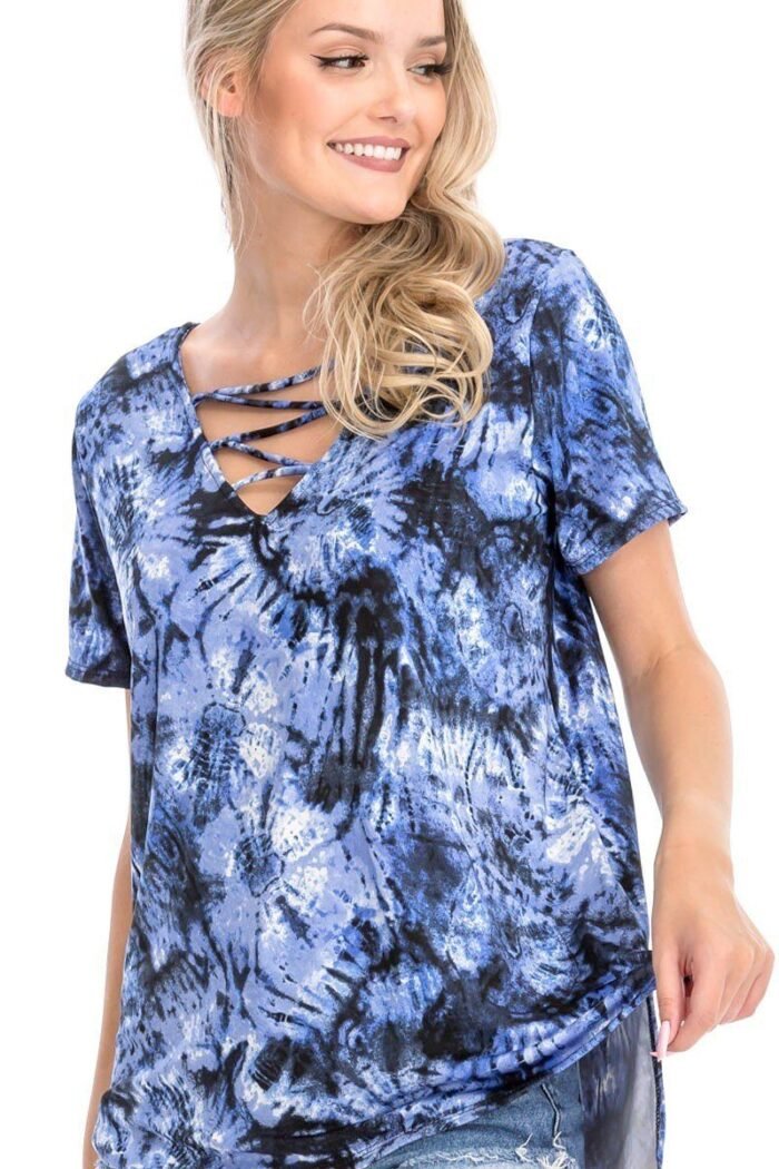 Tie dye print short sleeve top – fuchsia, cage neckline, open back, made in usa
