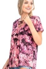 Tie Dye Print Short Sleeve Top – Fuchsia, Cage Neckline, Open Back, Made in USA