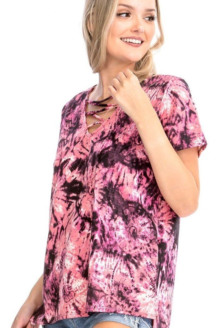 Tie dye print short sleeve top – fuchsia, cage neckline, open back, made in usa