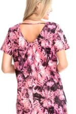 Tie Dye Print Short Sleeve Top – Fuchsia, Cage Neckline, Open Back, Made in USA