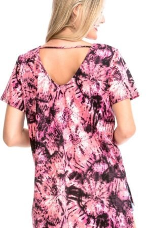 Tie Dye Print Short Sleeve Top Tie Dye Print Short Sleeve Top – Fuchsia, Cage Neckline, Open Back, Made in USA