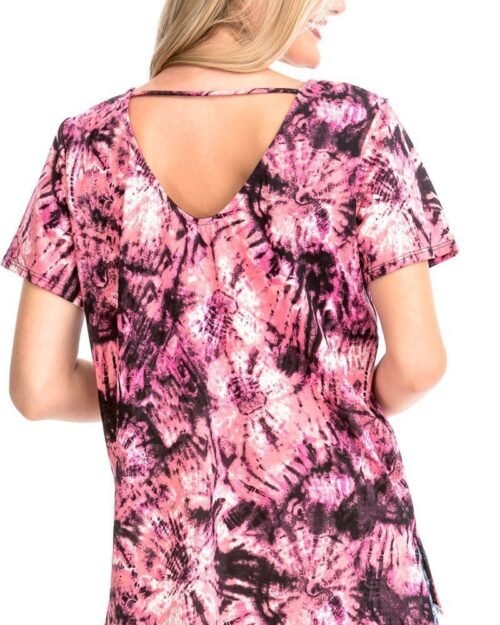 tie dye print short sleeve top – fuchsia, cage neckline, open back, made in usa
