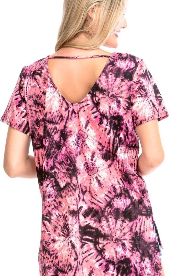 Tie dye print short sleeve top – fuchsia, cage neckline, open back, made in usa