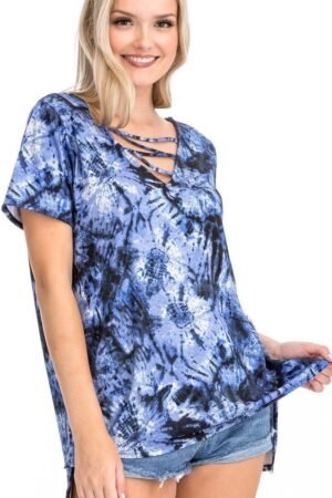 Tie Dye Print Short Sleeve Top Tie Dye Print Short Sleeve Top – Fuchsia, Cage Neckline, Open Back, Made in USA