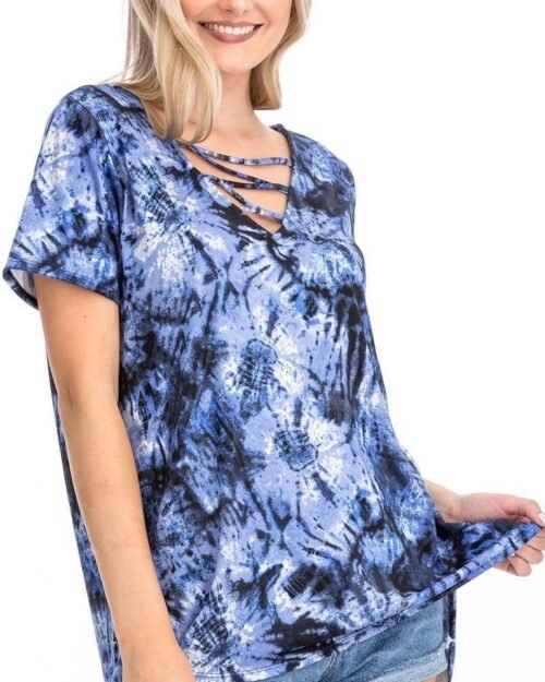 tie dye print short sleeve top – fuchsia, cage neckline, open back, made in usa