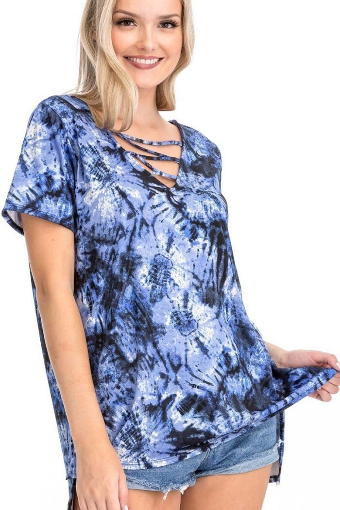 Tie dye print short sleeve top – fuchsia, cage neckline, open back, made in usa