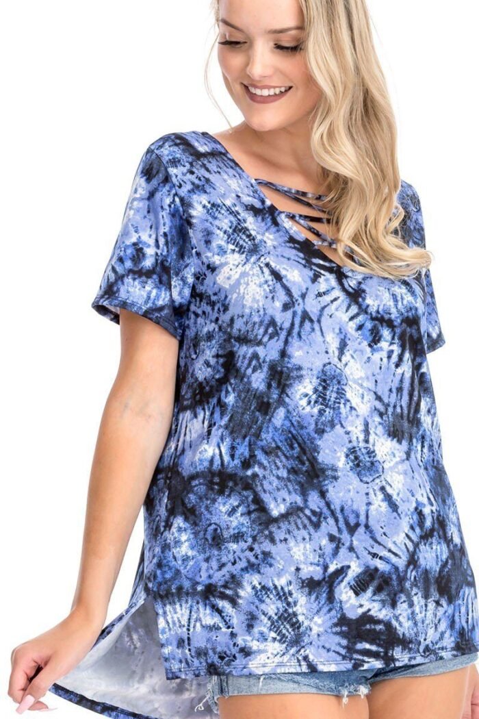 Tie dye print short sleeve top – fuchsia, cage neckline, open back, made in usa