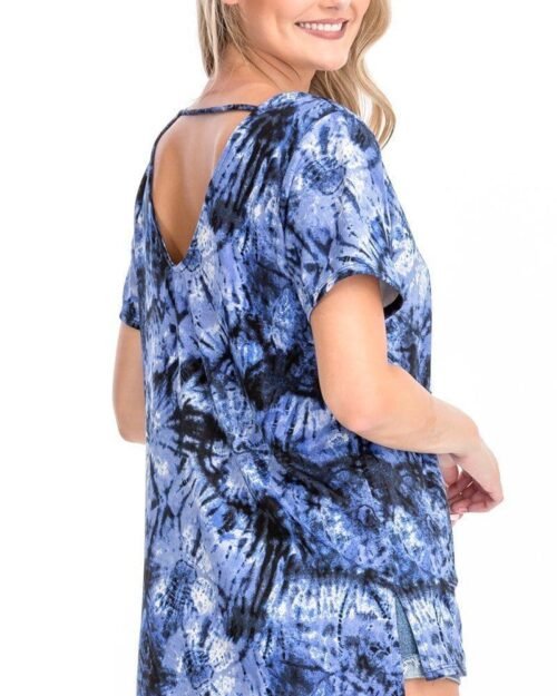 tie dye print short sleeve top – fuchsia, cage neckline, open back, made in usa