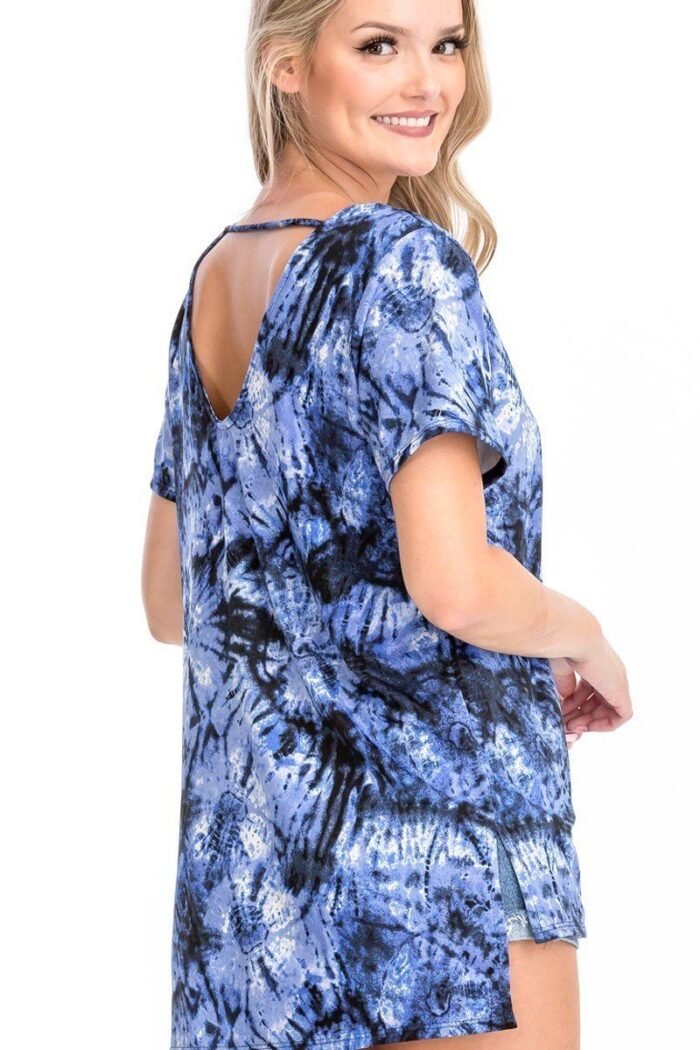 Tie dye print short sleeve top – fuchsia, cage neckline, open back, made in usa