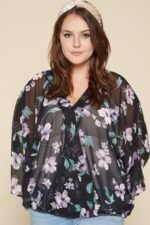 Plus Size Floral Chiffon Sheer Surplice Top – Made in USA, Bell Sleeves, Lightweight Chiffon