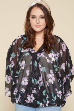 Plus Size Floral Chiffon Sheer Surplice Top – Made in USA, Bell Sleeves, Lightweight Chiffon