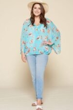 Plus Size Floral Chiffon Sheer Surplice Top – Made in USA, Bell Sleeves, Lightweight Chiffon