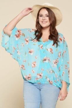 plus size floral chiffon sheer surplice top – made in usa, bell sleeves, lightweight chiffon