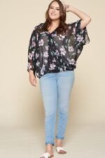Plus Size Floral Chiffon Sheer Surplice Top – Made in USA, Bell Sleeves, Lightweight Chiffon