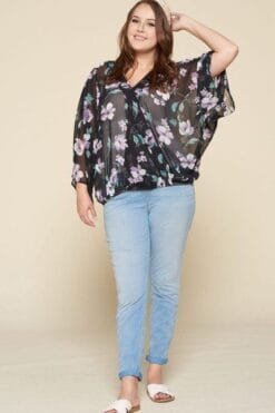 plus size floral chiffon sheer surplice top – made in usa, bell sleeves, lightweight chiffon