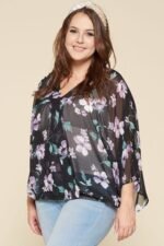 Plus Size Floral Chiffon Sheer Surplice Top – Made in USA, Bell Sleeves, Lightweight Chiffon