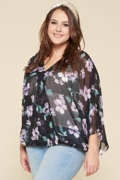 plus size floral chiffon sheer surplice top – made in usa, bell sleeves, lightweight chiffon