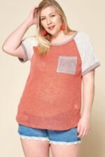 Color-Blocked Sweater Knit Top – Plus Size, Raglan Sleeves, Chest Pocket, Soft Stretch Fabric