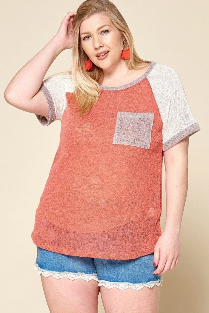 Color-blocked sweater knit top – plus size, raglan sleeves, chest pocket, soft stretch fabric