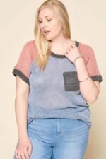 Color-Blocked Sweater Knit Top – Plus Size, Raglan Sleeves, Chest Pocket, Soft Stretch Fabric