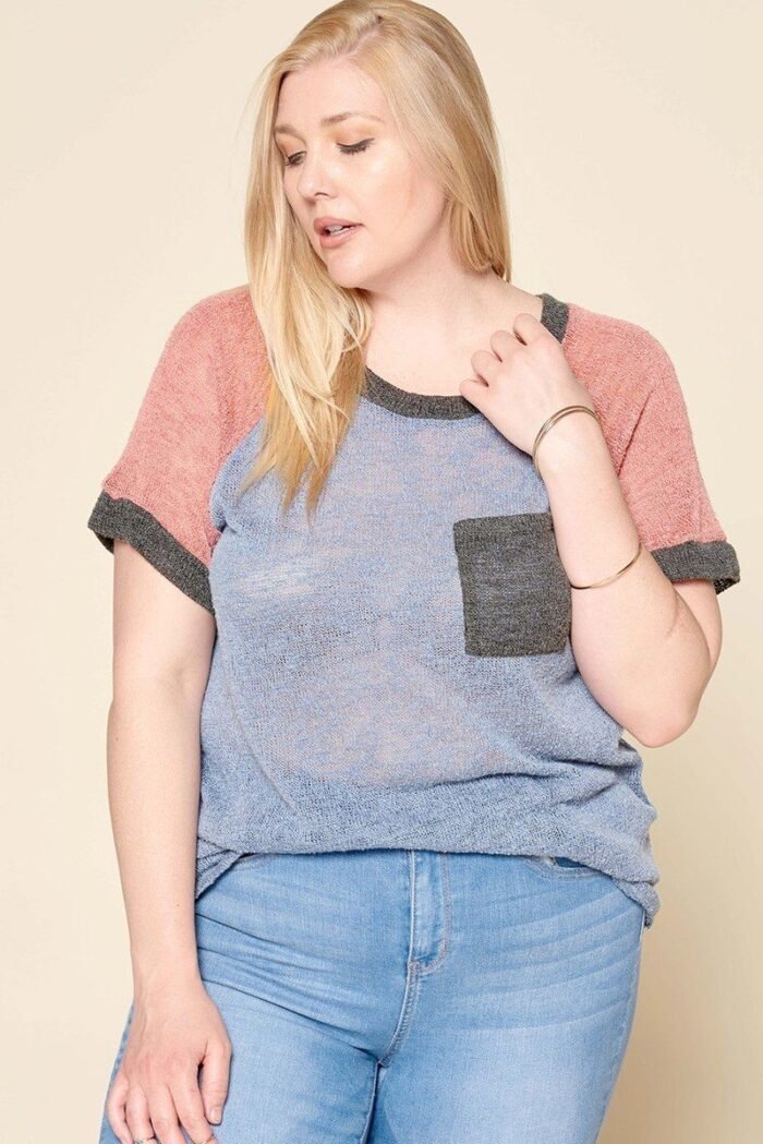 Color-blocked sweater knit top – plus size, raglan sleeves, chest pocket, soft stretch fabric