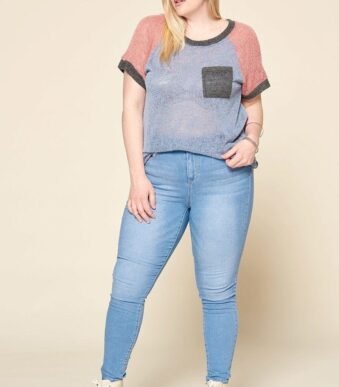 Color-Blocked Sweater Knit Top – Plus Size, Raglan Sleeves, Chest Pocket, Soft Stretch Fabric