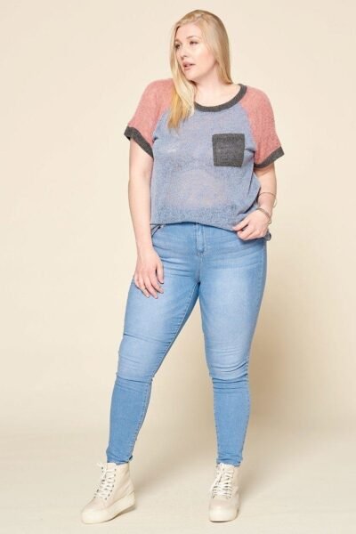 Color-Blocked Sweater Knit Top – Plus Size, Raglan Sleeves, Chest Pocket, Soft Stretch Fabric