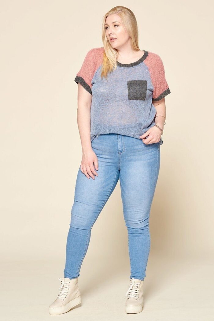 Color-blocked sweater knit top – plus size, raglan sleeves, chest pocket, soft stretch fabric