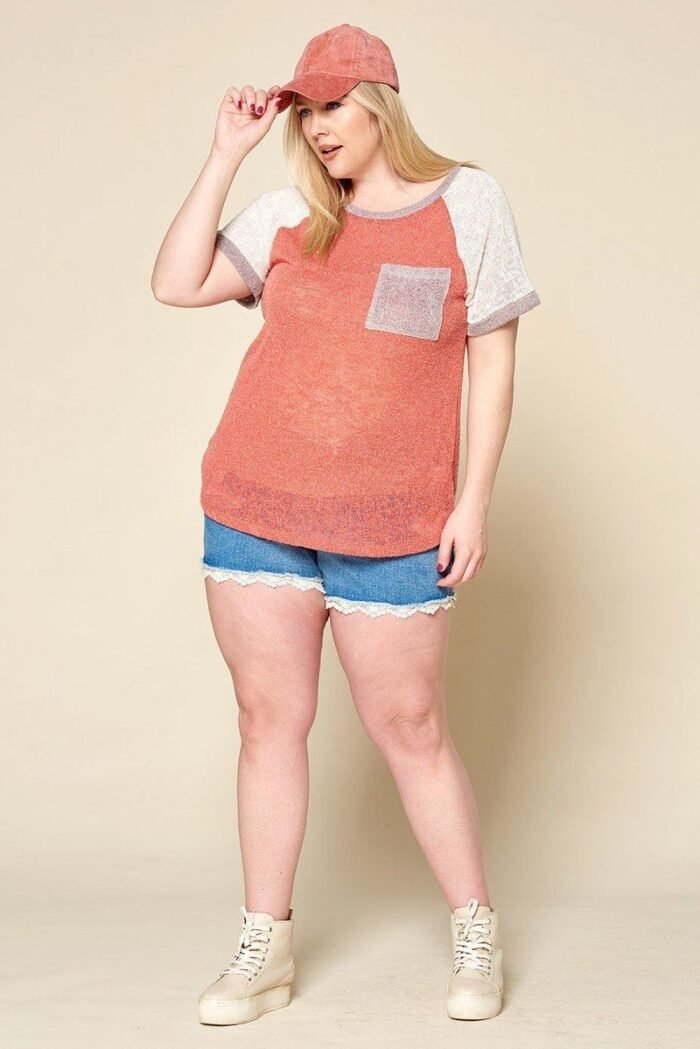 Color-blocked sweater knit top – plus size, raglan sleeves, chest pocket, soft stretch fabric
