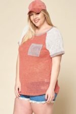 Color-Blocked Sweater Knit Top – Plus Size, Raglan Sleeves, Chest Pocket, Soft Stretch Fabric