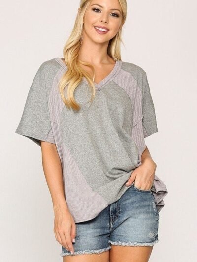 Rib Knit Mixed Dolman Sleeve Top With Round Hem